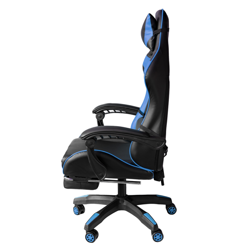 Chaise de bureau gaming inclinable en éco-cuir avec repose-pieds Bleu et Noir 64x53x h123-133 cm