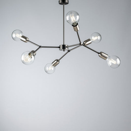Lustre industriel en fer chromé satiné noir à six lumières 71x h64 cm