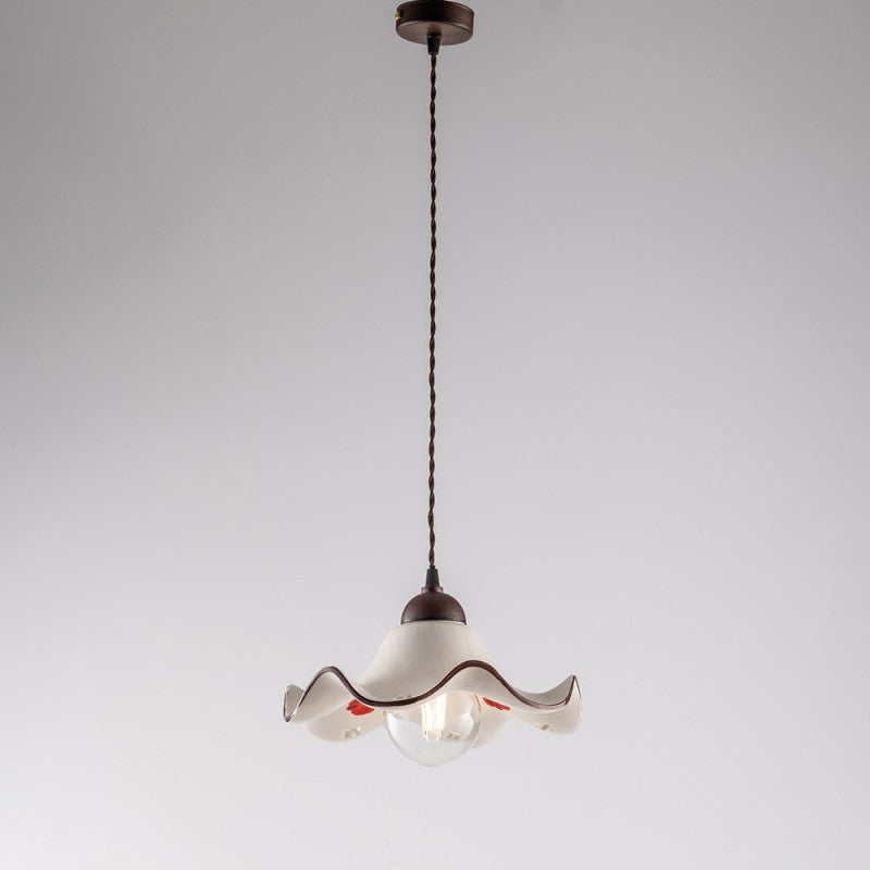 Lustre câble en tissu noir rouille, abat-jour en céramique blanche 30x h16 cm