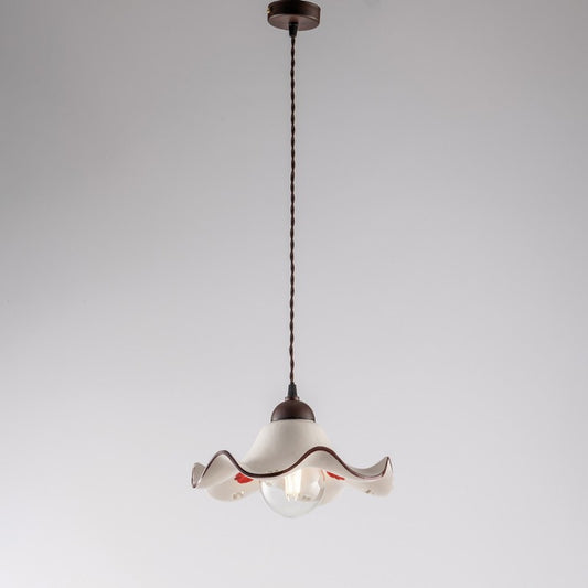 Lustre câble en tissu noir rouille, abat-jour en céramique blanche 30x h16 cm