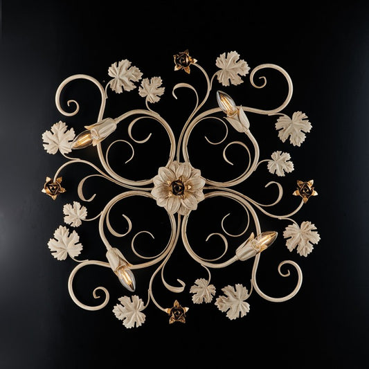 Plafonnier en fer ivoire mariné or rose quatre lumières 76x67x h17 cm