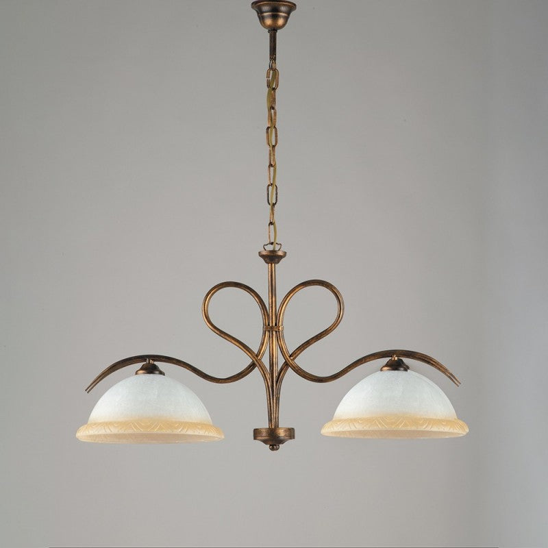 Lustre en fer Marron Doré à deux lumières en verre Blanc et Ambre 79x h43 cm