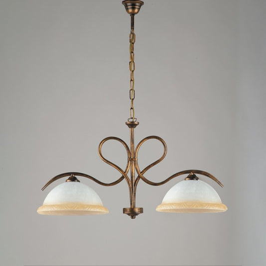 Lustre en fer Marron Doré à deux lumières en verre Blanc et Ambre 79x h43 cm