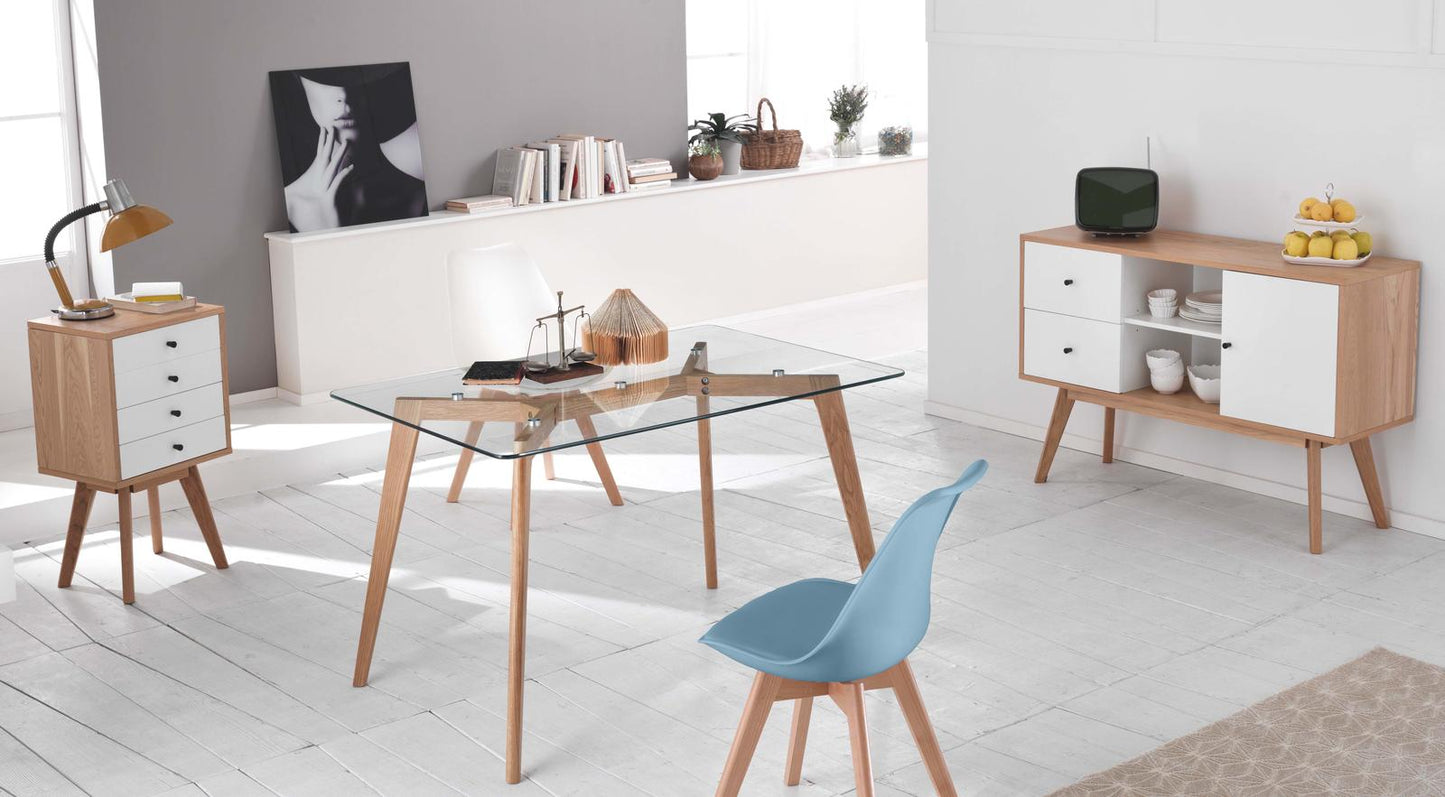 4x Chaises en polypropylène et assise en simili cuir bleu clair 48,5x52x82h cm