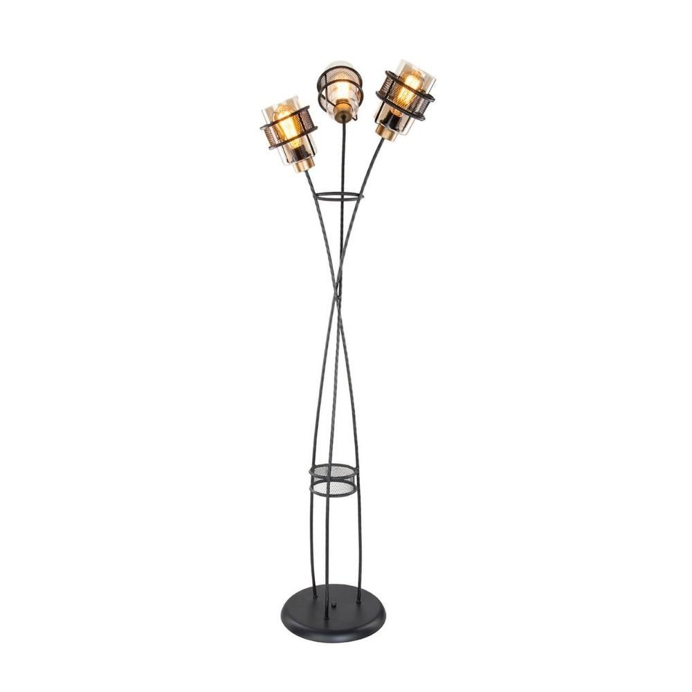 Grand lampadaire MDL3812 en fer tressé avec 3 lumières en verre
