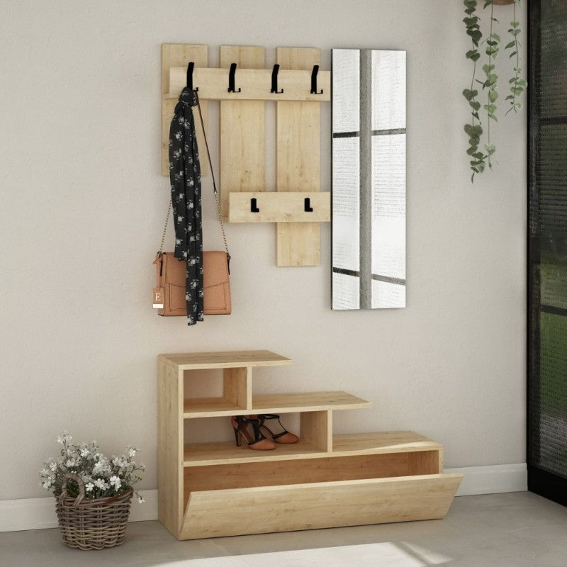 Meuble d'entrée en chêne avec étagère à chaussures et miroir Vesty 100x30xh.122 cm