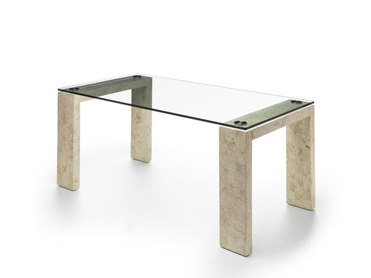Table fixe 180x90 cm avec plateau en verre trempé et pieds et base beiges
