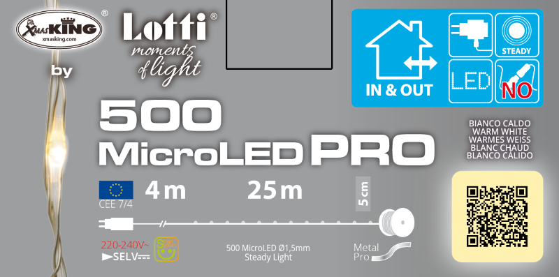 Chaîne 500 MicroLED Coil 25m câble argent transparent blanc chaud