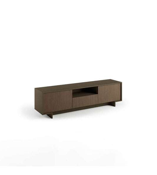 Meuble TV avec 2 portes et tiroir central en bronze nervuré foncé