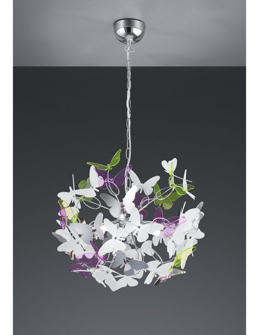 Suspension Papillon 4xG9 Chrome Papillons Multicolores Ø50 cm Trio Luminaire