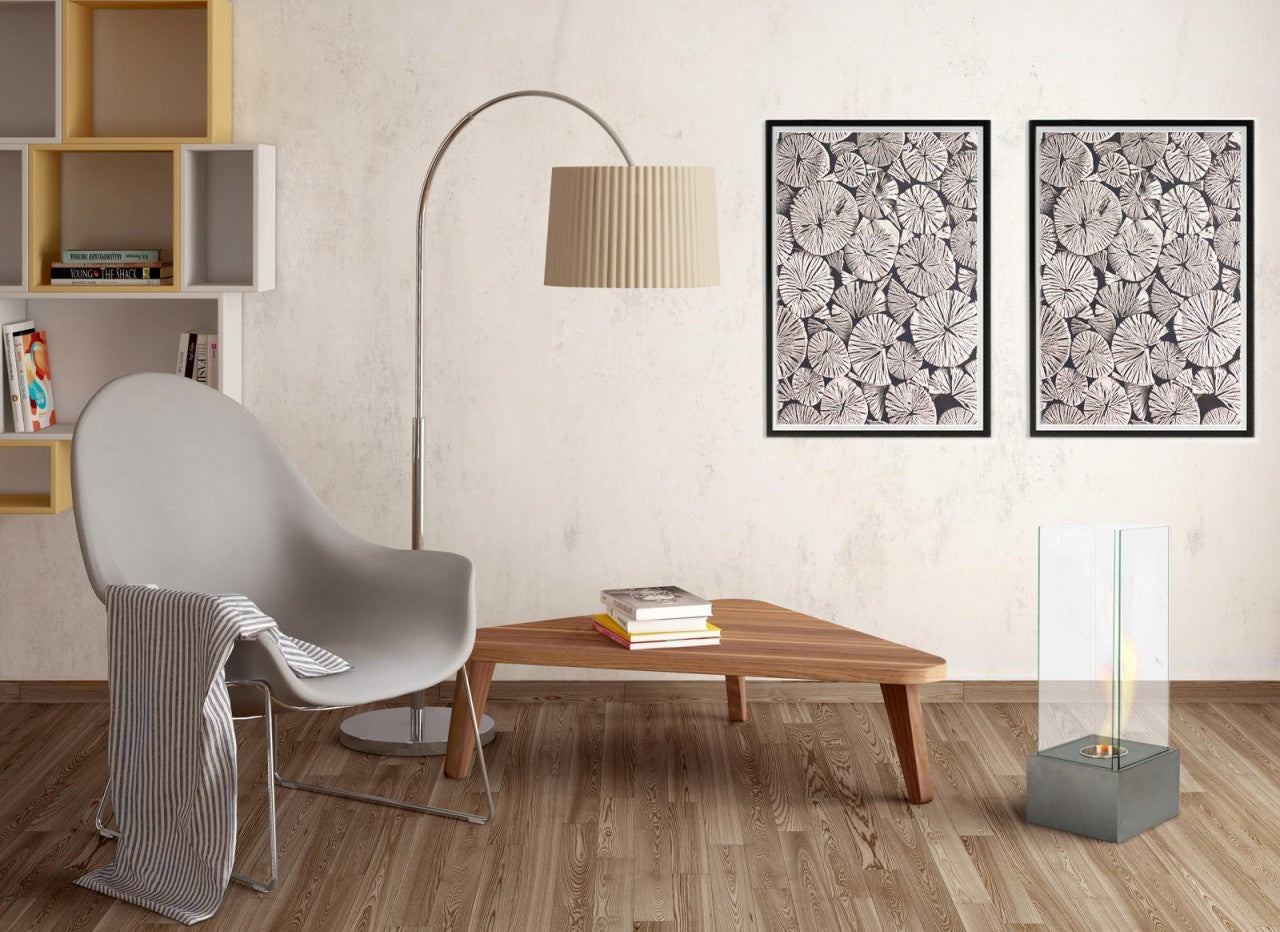 Cheminées bioéthanol modernes gris gaufré 25 x 25 xh 65 cm