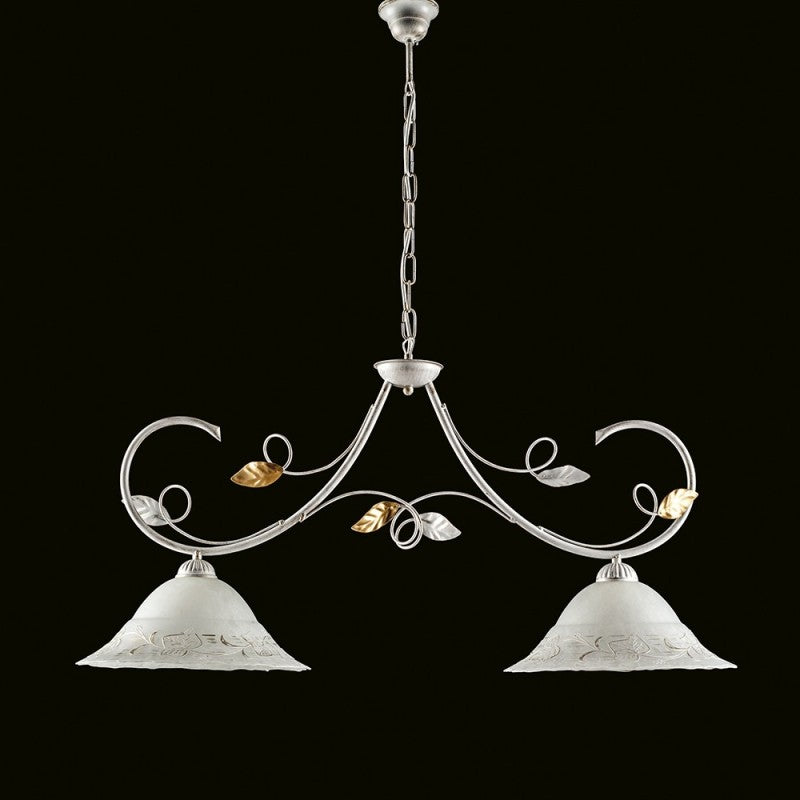 Lustre en fer blanc doré à deux lumières, abat-jour en verre blanc 94x h49 cm