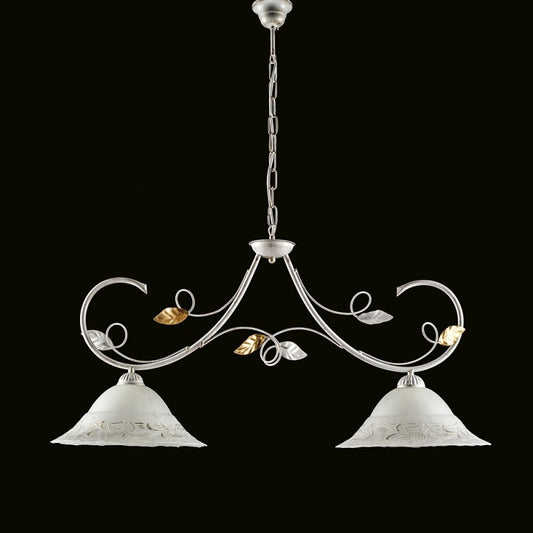 Lustre en fer blanc doré à deux lumières, abat-jour en verre blanc 94x h49 cm
