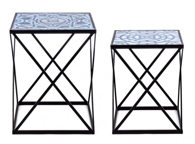 Lot de 2 tables basses NEAPOLIS en acier avec plateau en MDF décoré d'impression 55h 47h cm