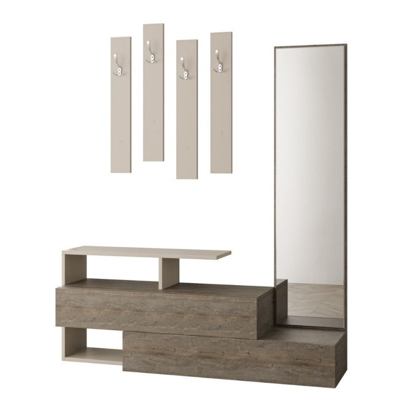 Meuble d'entrée gris tourterelle et noyer avec miroir Ramda 137x35xh154 cm