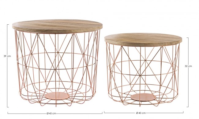 Ensemble de 2 tables basses avec récipient et tissage de cuivre