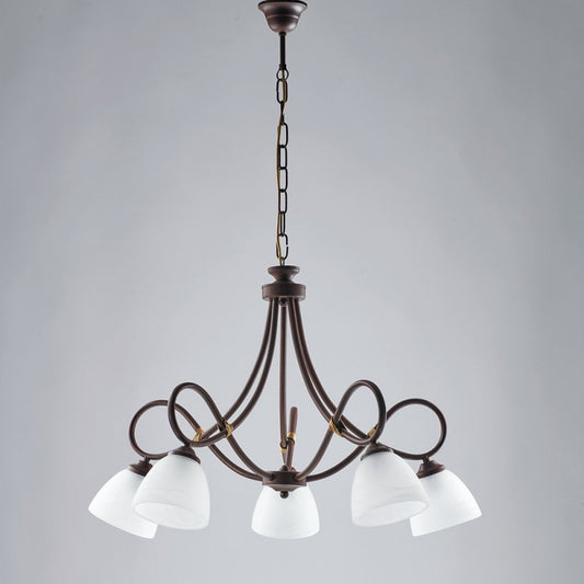 Lustre en fer noir rouille cinq lumières abat-jour en verre d'albâtre blanc 69x h52 cm