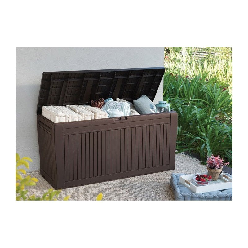 Malle en résine finition effet bois, équipée de roulettes cm. 116,7x44,7xh. 57