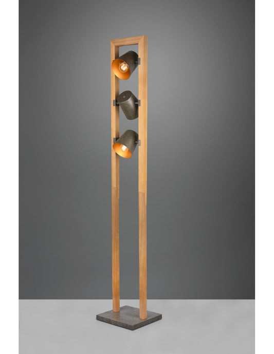Lampadaire Vintage en Bois 3 Spots Cônes Ajustables Métal Nickel Cloche Trio Éclairage