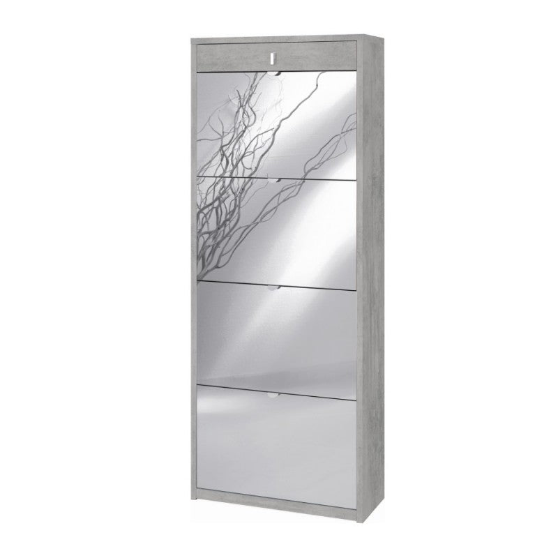 Étagère à chaussures avec quatre portes miroir et un tiroir supérieur Beton Cemento 63x29x h164 cm