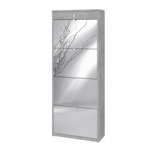 Étagère à chaussures avec quatre portes miroir et un tiroir supérieur Beton Cemento 63x29x h164 cm