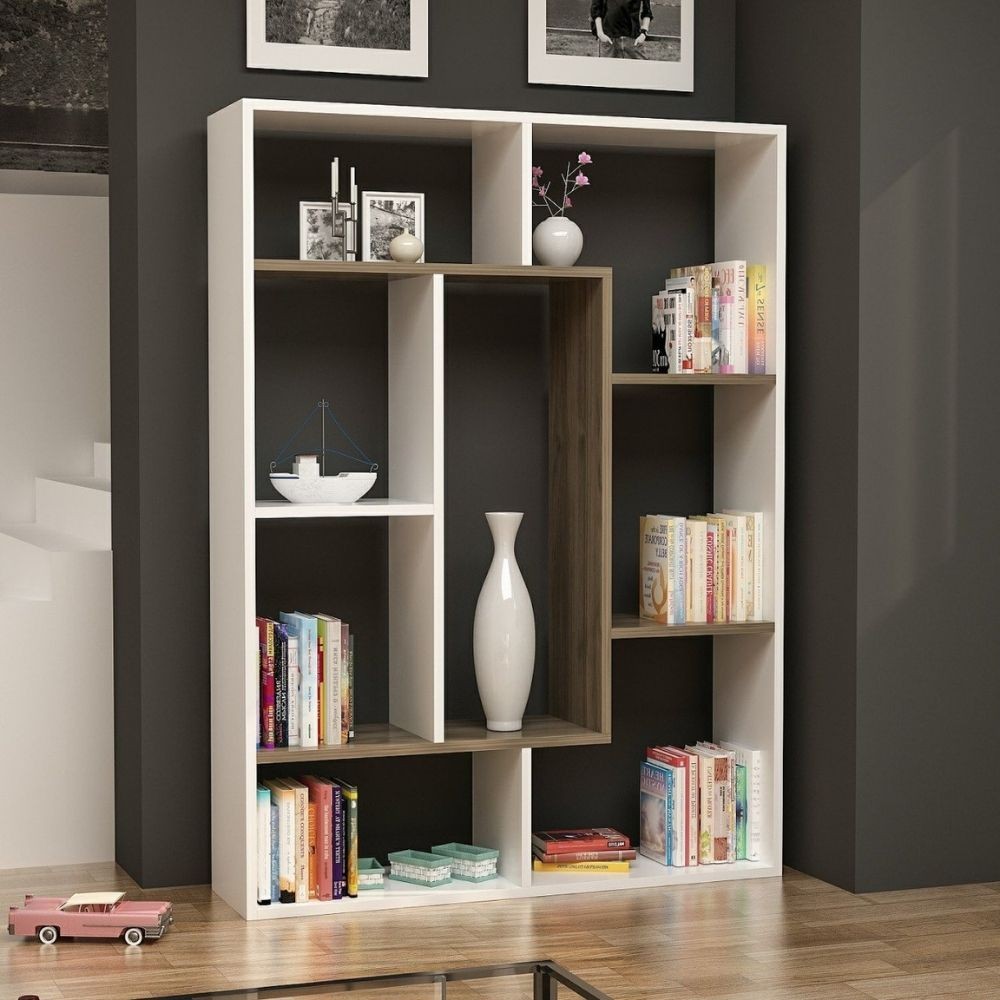Bibliothèque Liam détail géométrique blanc noyer 100x136h