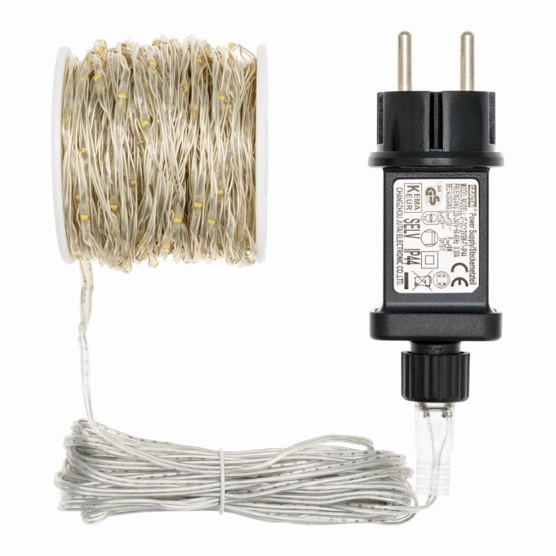 Chaîne 500 MicroLED Coil 25m câble argent transparent blanc chaud