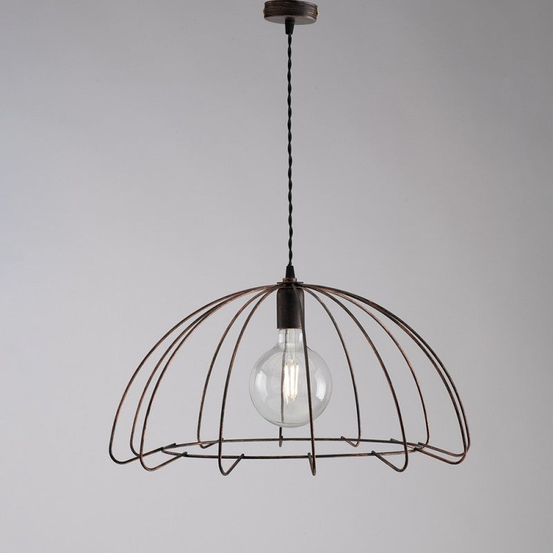 Lampe à suspension en fer laqué noir décor cuivre, 1 lumière