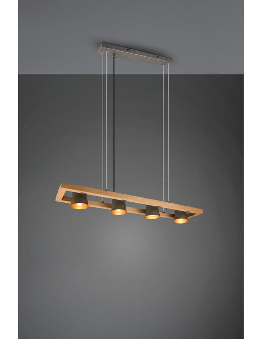 Lustre Suspension Rectangulaire 4 Spots Orientables Bois et Métal Nickel Cloche Trio Éclairage