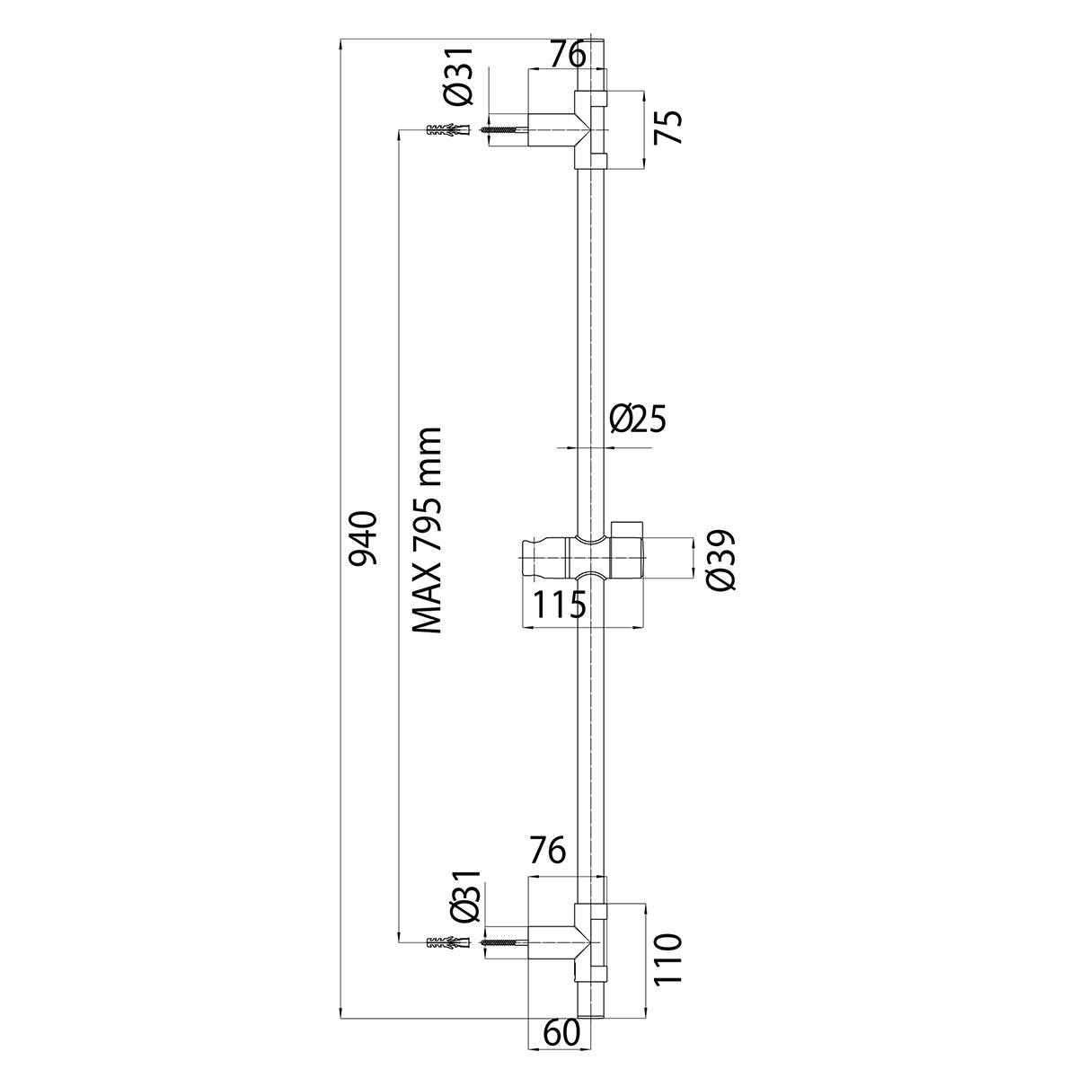 Barre de douche chromée luxueuse
