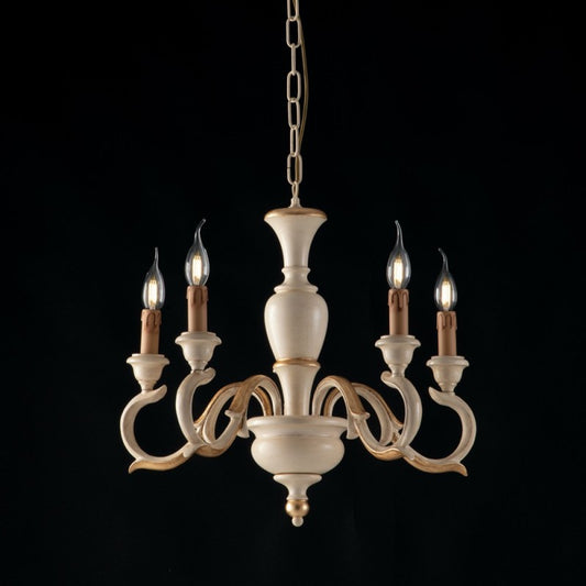 Lustre en bois ivoire et feuille d'or, cinq lumières, 50x h50 cm