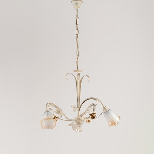 Lustre suspension en fer rose ivoire doré à trois lumières 54x h43 cm