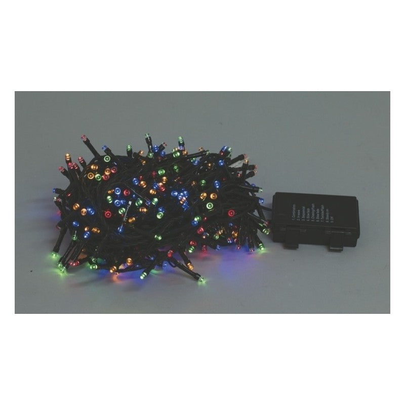 Guirlande lumineuse de Noël à piles avec 60 LED blanc chaud, longueur 410 cm avec rallonge de 50 cm, puissance 2 W et 8 fonctions d'éclairage différentes.