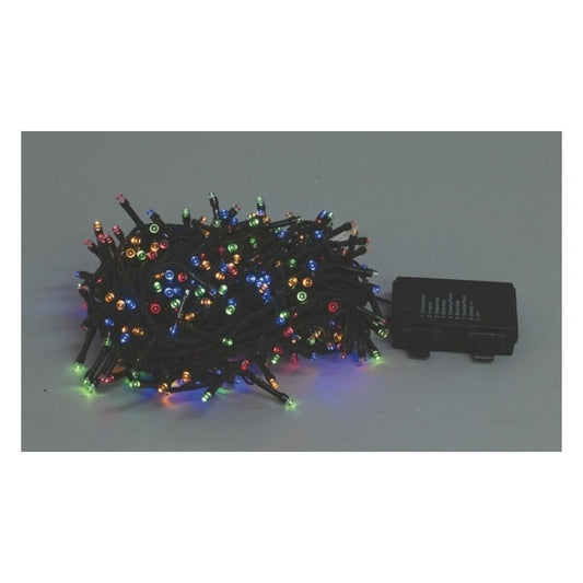 Guirlande lumineuse de Noël à piles avec 60 LED blanc chaud, longueur 410 cm avec rallonge de 50 cm, puissance 2 W et 8 fonctions d'éclairage différentes.