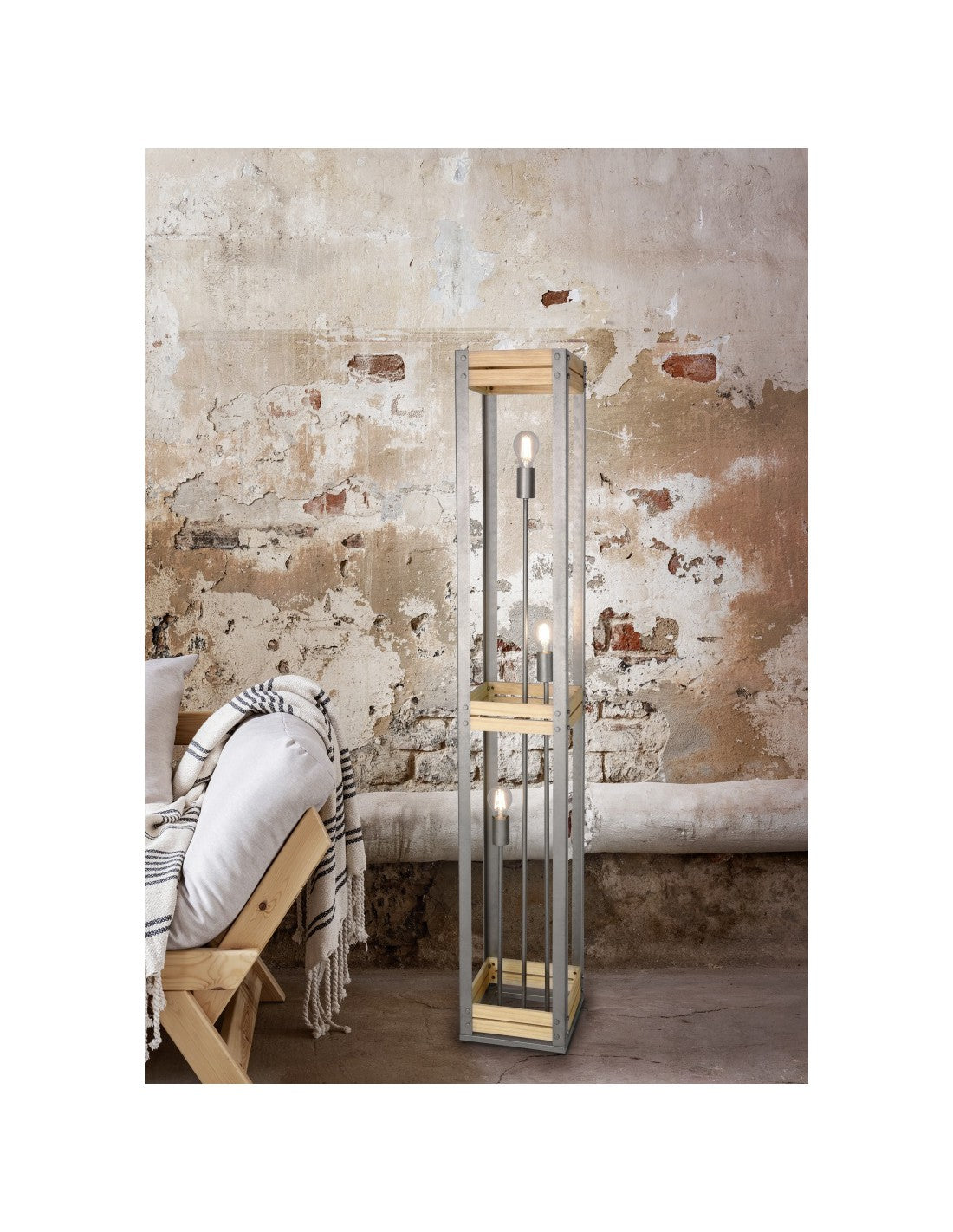 Lampadaire Vintage Rustique Bois Naturel Khan Nickel Antique H153 cm Trio Lighting