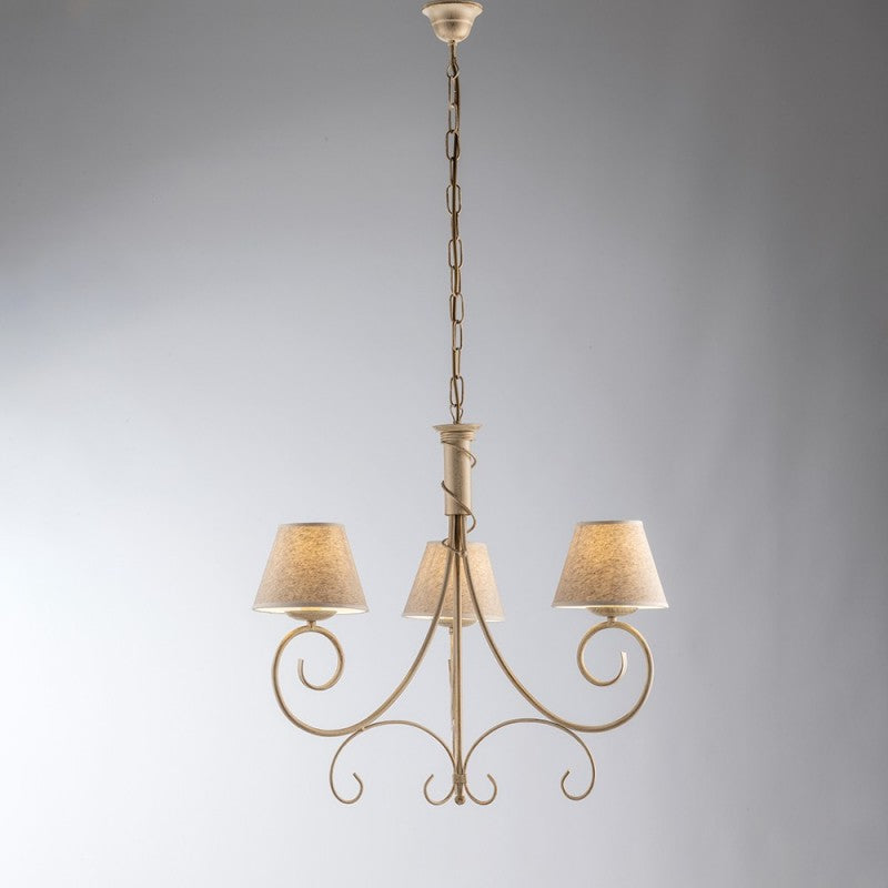 Lustre en fer Vienna Or Ivoire trois lumières effet tissu abat-jour 52x h58 cm