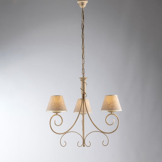 Lustre en fer Vienna Or Ivoire trois lumières effet tissu abat-jour 52x h58 cm