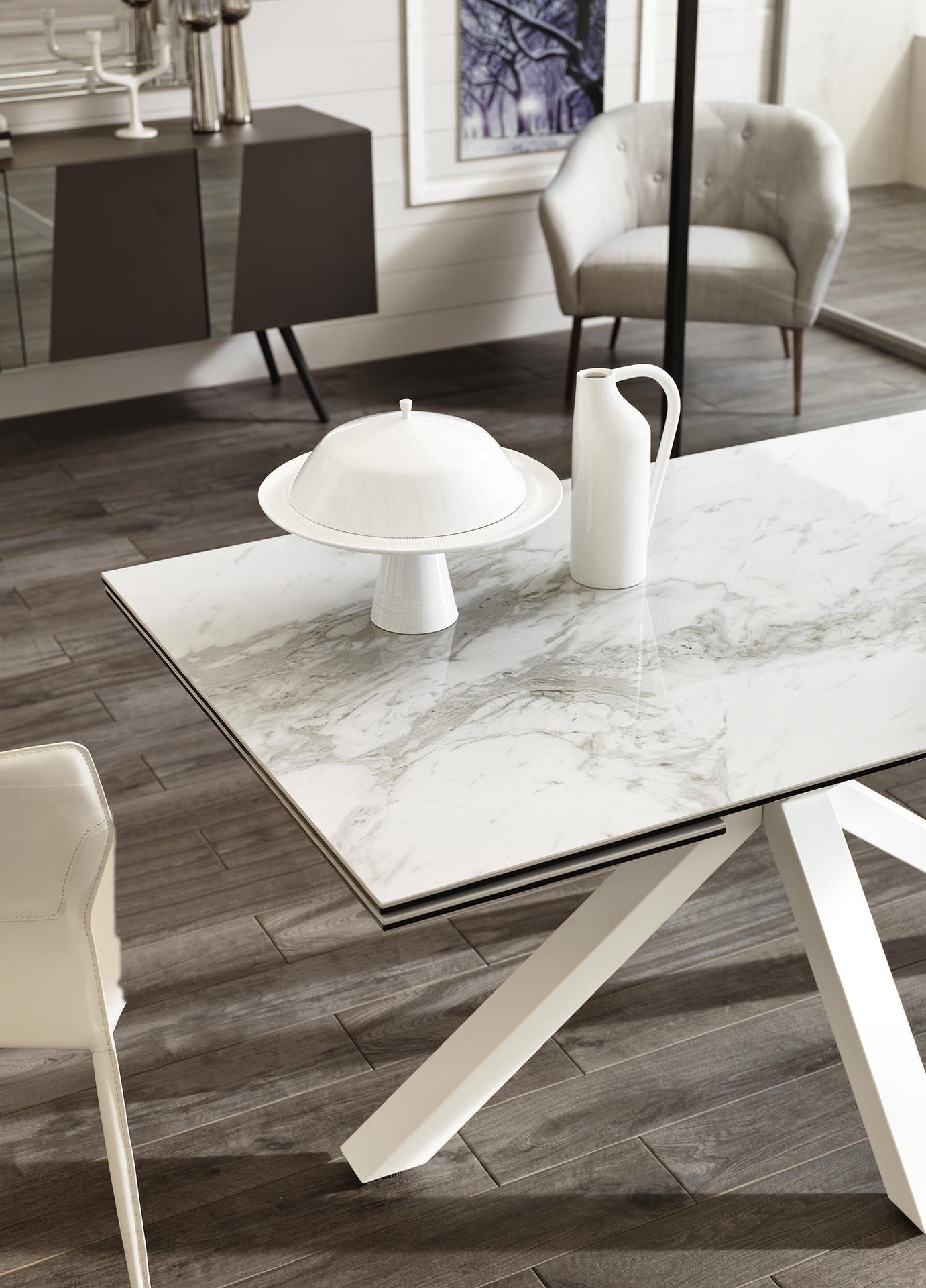 Table extensible blanc-céramique marbre blanc 90 cm x 160-240 cm H. 76 cm