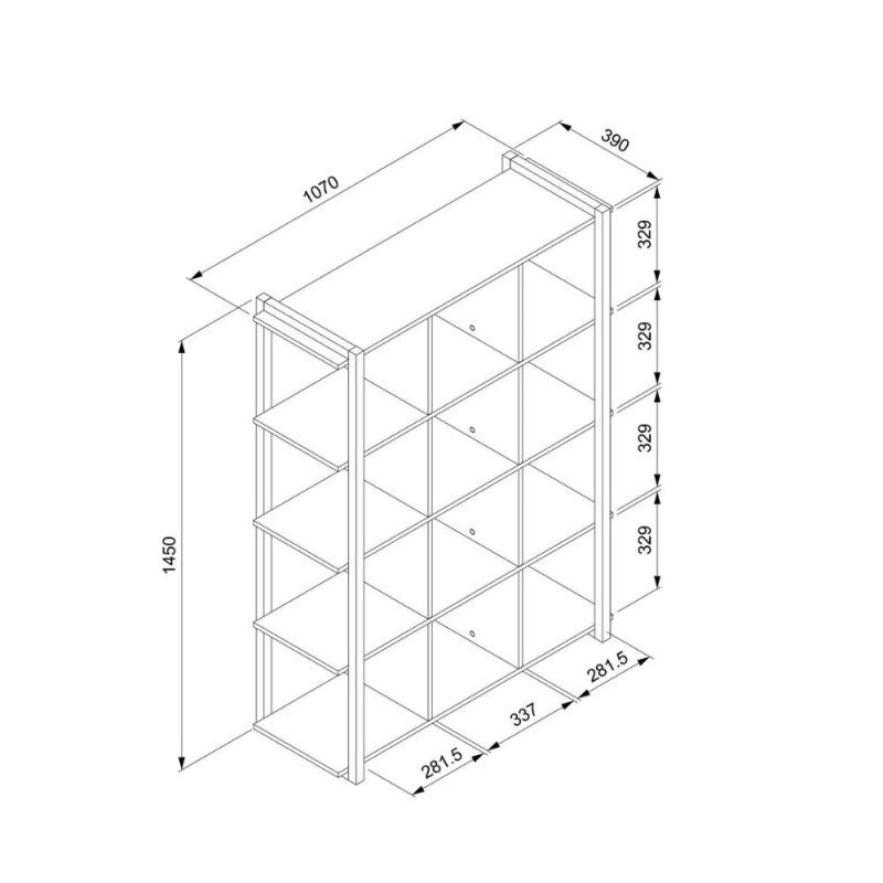 Bibliothèque cubique en chêne avec profils anthracite 107x39xh.145 cm