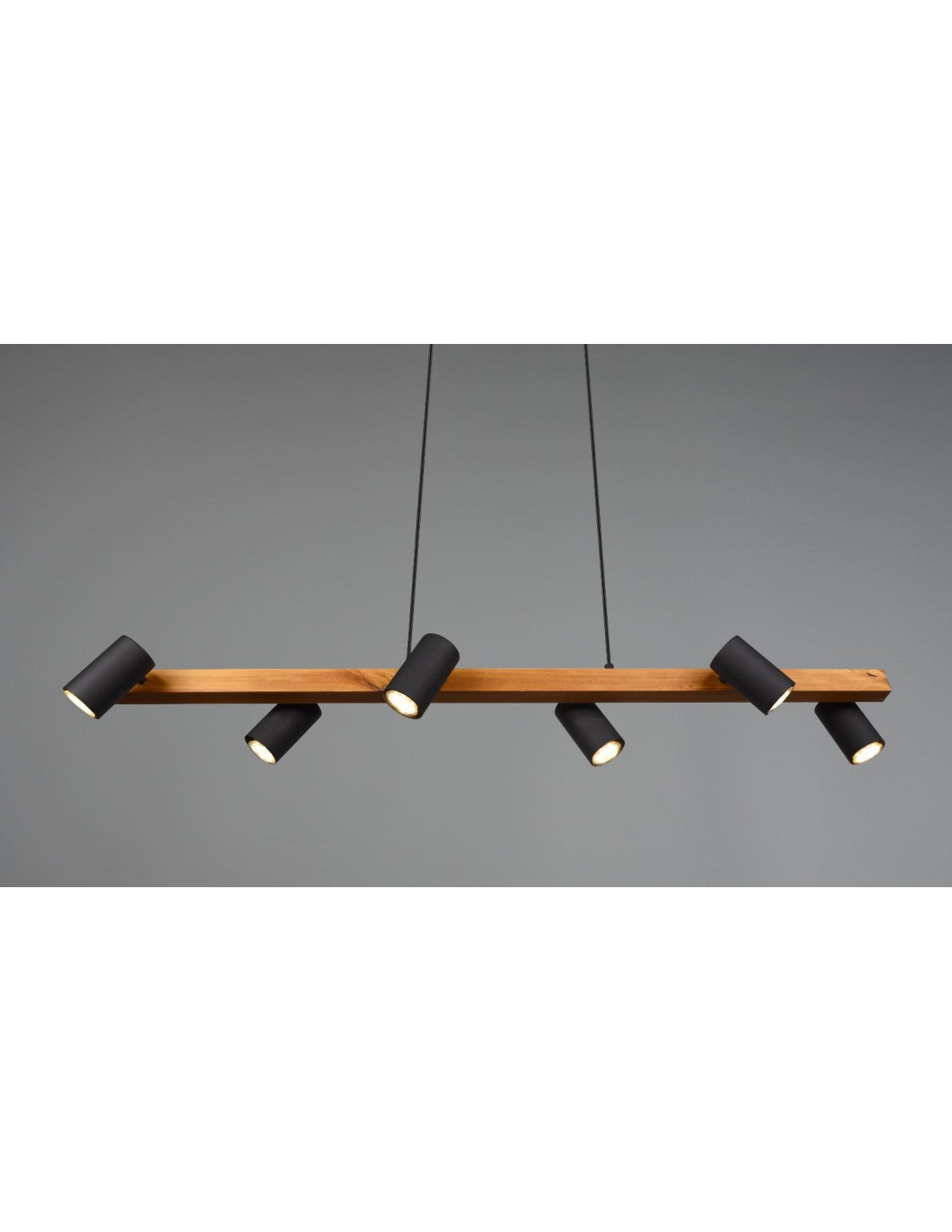 Lustre îlot en bois 6 spots noirs cylindriques réglables Marley Trio Lighting