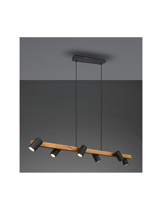 Lustre îlot en bois 6 spots noirs cylindriques réglables Marley Trio Lighting
