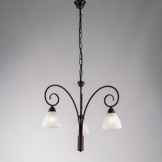 Lustre en fer noir rouille avec abat-jour en verre blanc trois lumières 48x h50 cm