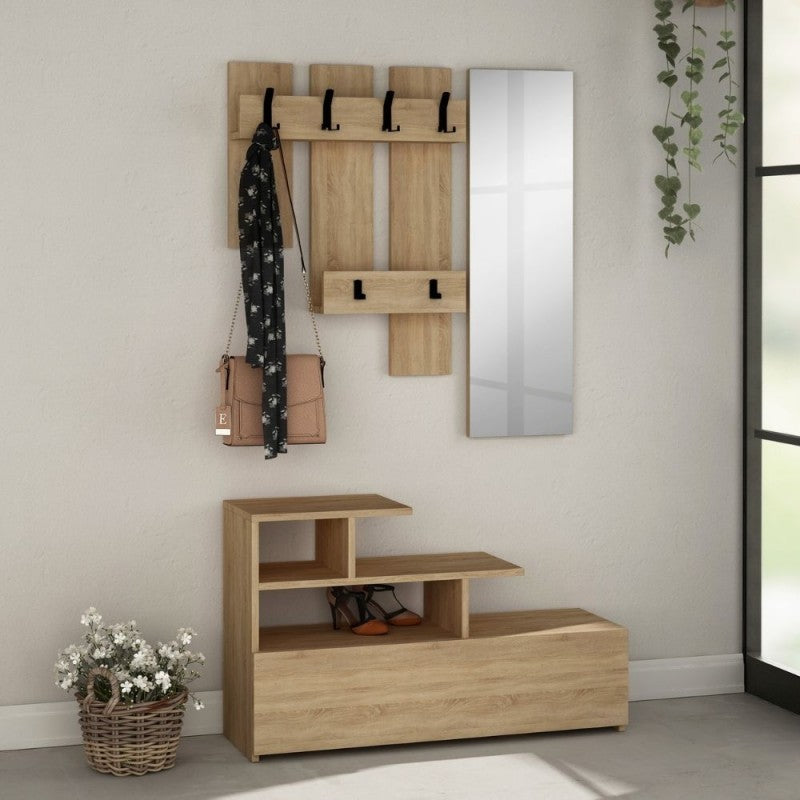 Meuble d'entrée en chêne avec étagère à chaussures et miroir Vesty 100x30xh.122 cm
