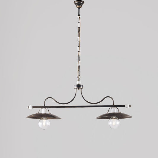 Lustre industriel marron en fer blanc doré à deux lumières 87x h36 cm