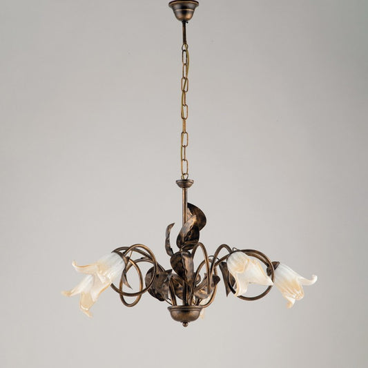 Lustre en fer Marron Or Verre Blanc Ambre cinq lumières 73x h43 cm