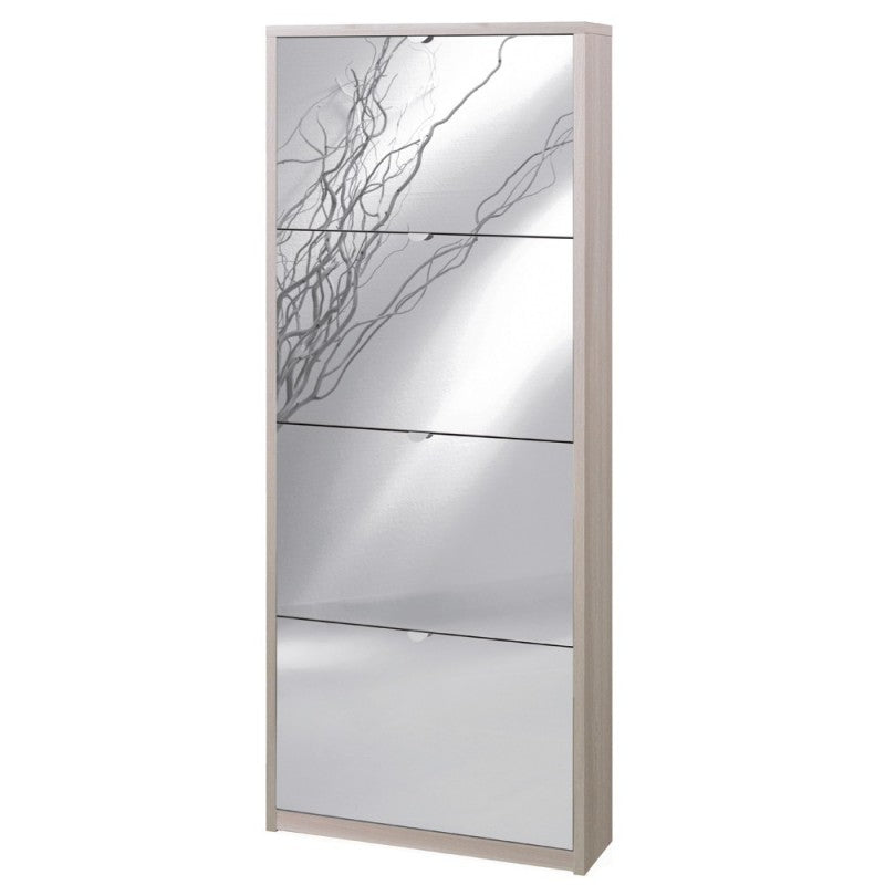 Étagère à chaussures fine et peu encombrante avec quatre portes miroir en Light Olmo 63x18x h154 cm