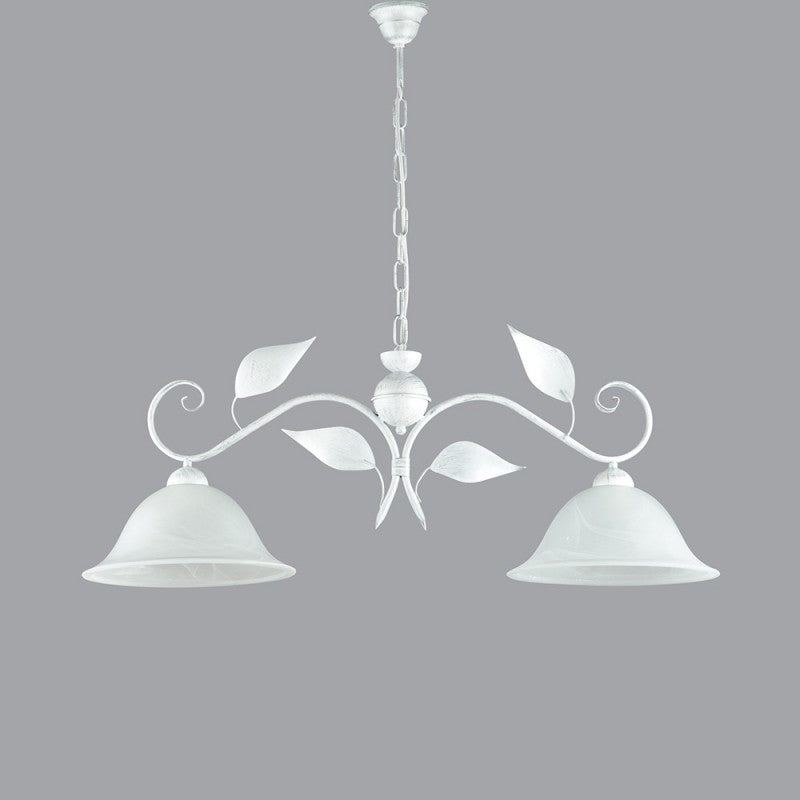 Lustre suspension en fer blanc argenté à deux lumières 93x h34 cm
