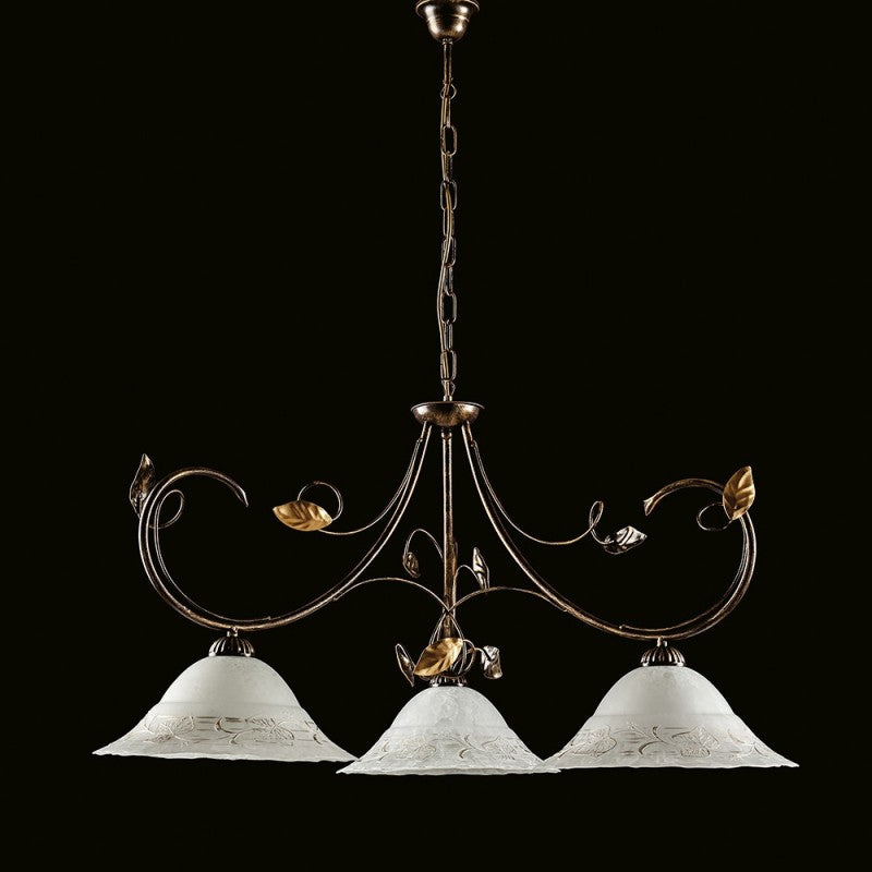 Lustre en fer marron doré trois lumières abat-jour en verre blanc 79x h54 cm