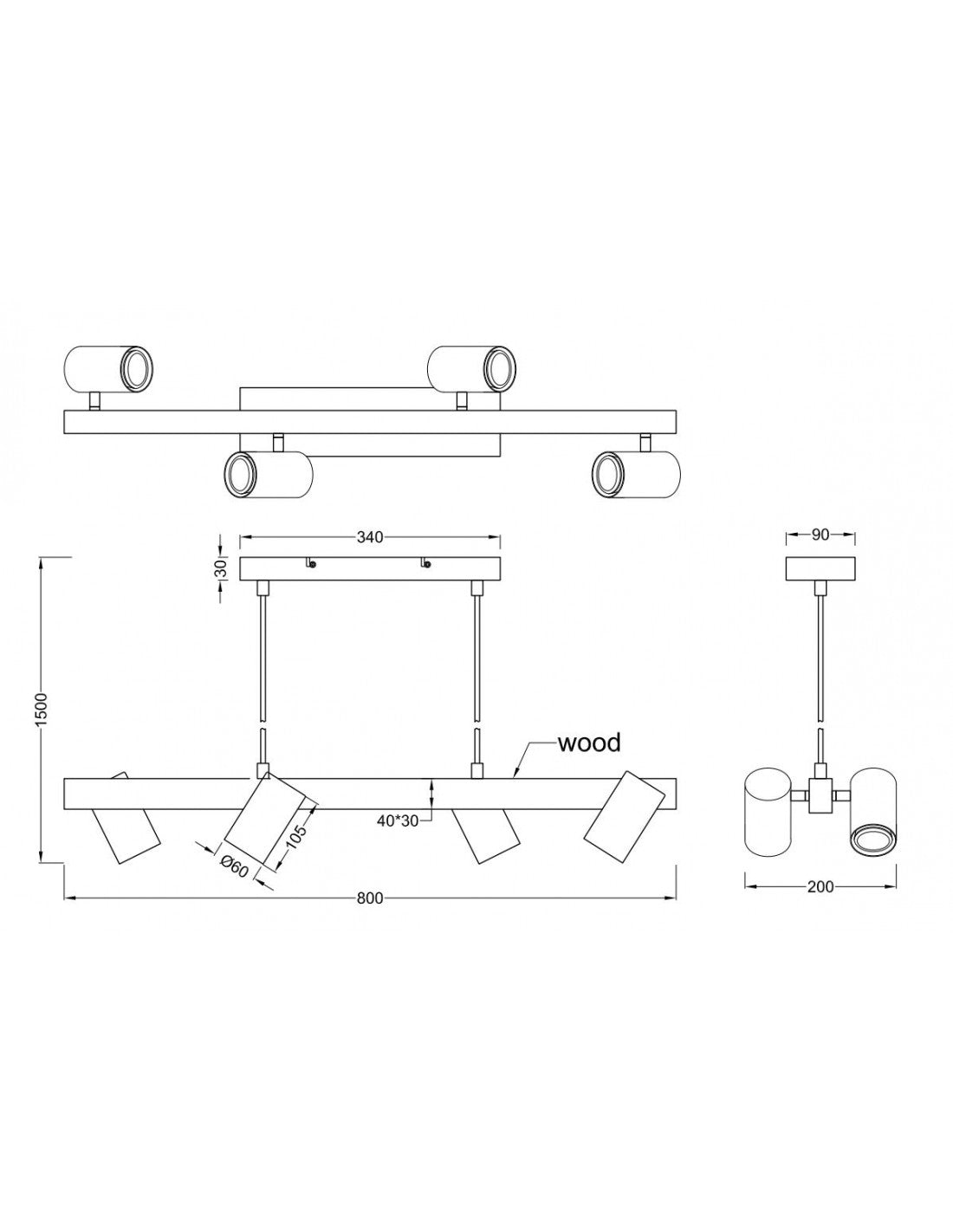 Lampe à Suspension Linéaire en Bois 4 Spots Cylindriques Ajustables Blanc Marley Trio Lighting