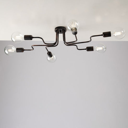 Plafonnier en fer noir décor cuivre, six lumières 83x48x h17 cm